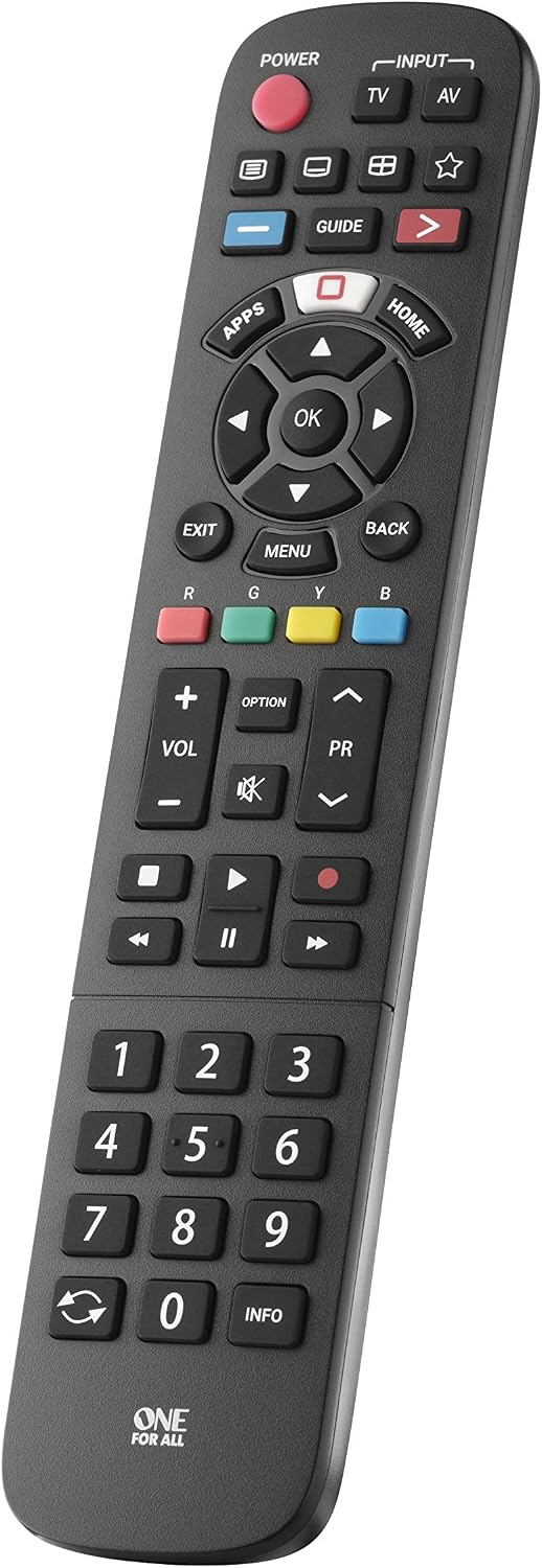 One For All Panasonic TV Replacement remote - Works with ALL Panasonic TVs - Learning feature -URC4914, red