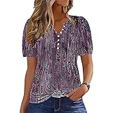 ETCYY Womens Shirts Dressy Casual Short Sleeve 2026 Summer Tops Spring V Neck Button Down Pleated Ladies Tunic Blouses