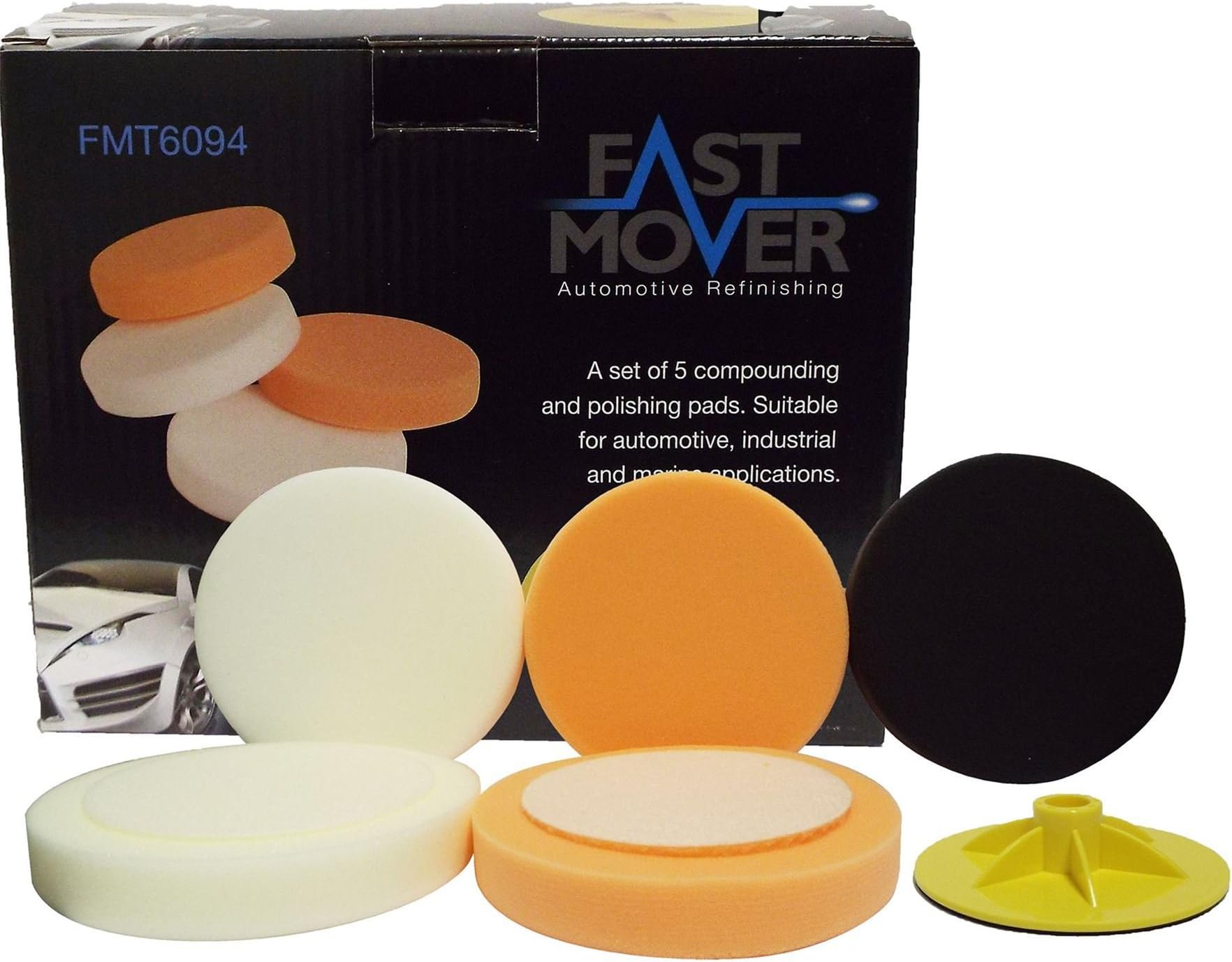 Fast Mover FMT6094 150mm 6" Hook & Loop Hook'N'Loop HookIt Backed Foam Pads Set. 2 x White Hard Compounding Pads/2 x Orange Medium Cutting Pads/1 x Black Polishing Pad + Backing Plate with M14 Thread