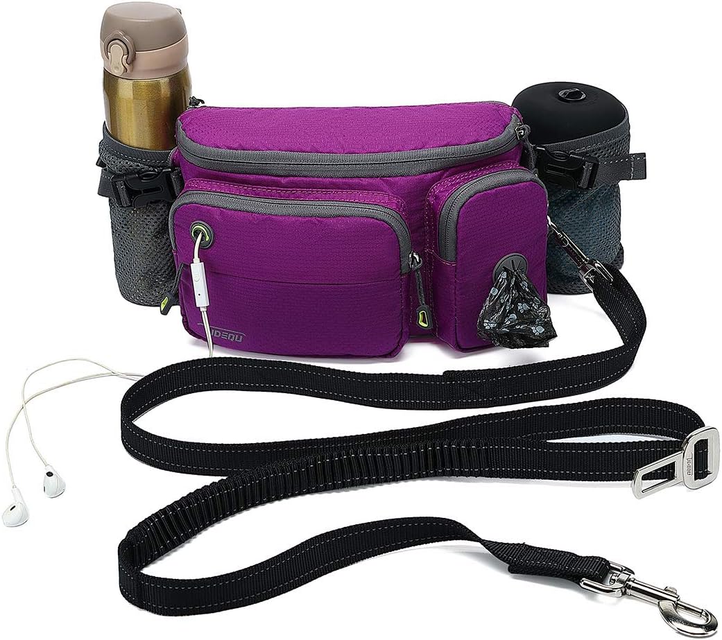 TUDEQU 4-IN-1 Hands Free Dog Zero Shock Absorbing Bungee Leash with a Multifunctional Waist Bag