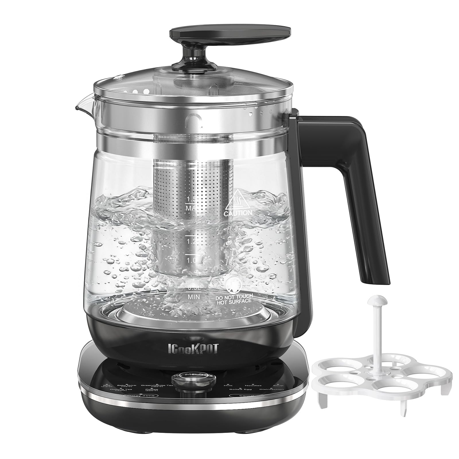 Photo 1 of ICOOKPOT 1200w Electric Kettle, 1.5L Borosilicate Glass tea kettle, Hot water kettle electric for Coffee or Tea, BPA Free, Auto Shut-Off, Stainless Steel, Fast Boil, Black