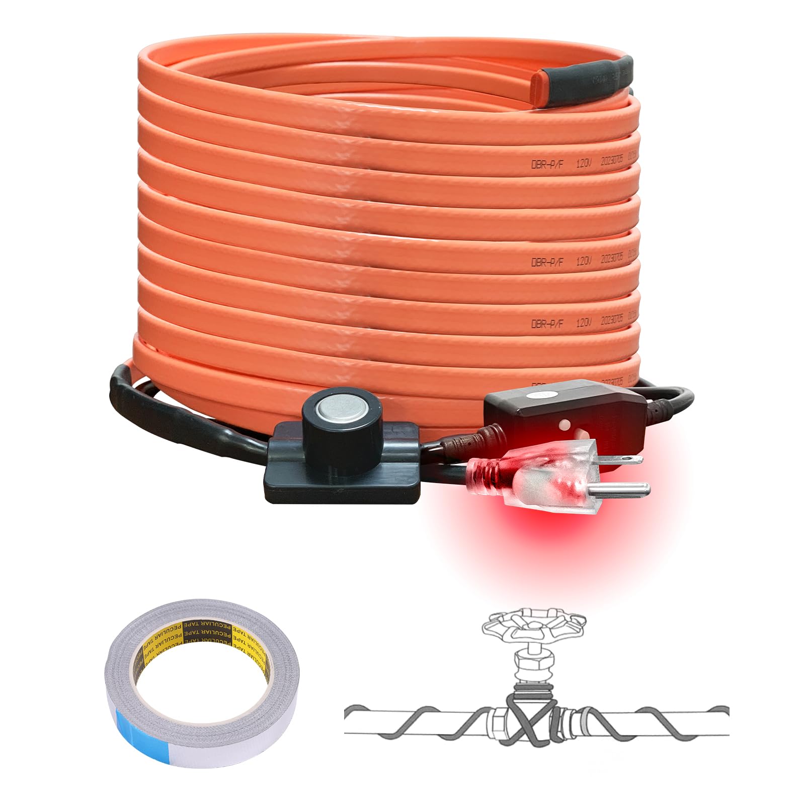 Cupohus Heat Tape for Water Pipes with Thermostat 80FT, Freeze Protection Self-Regulating Heat Trace Cable for Metal, Plastic Home Pipes, Roof and RV, 110-120V Image