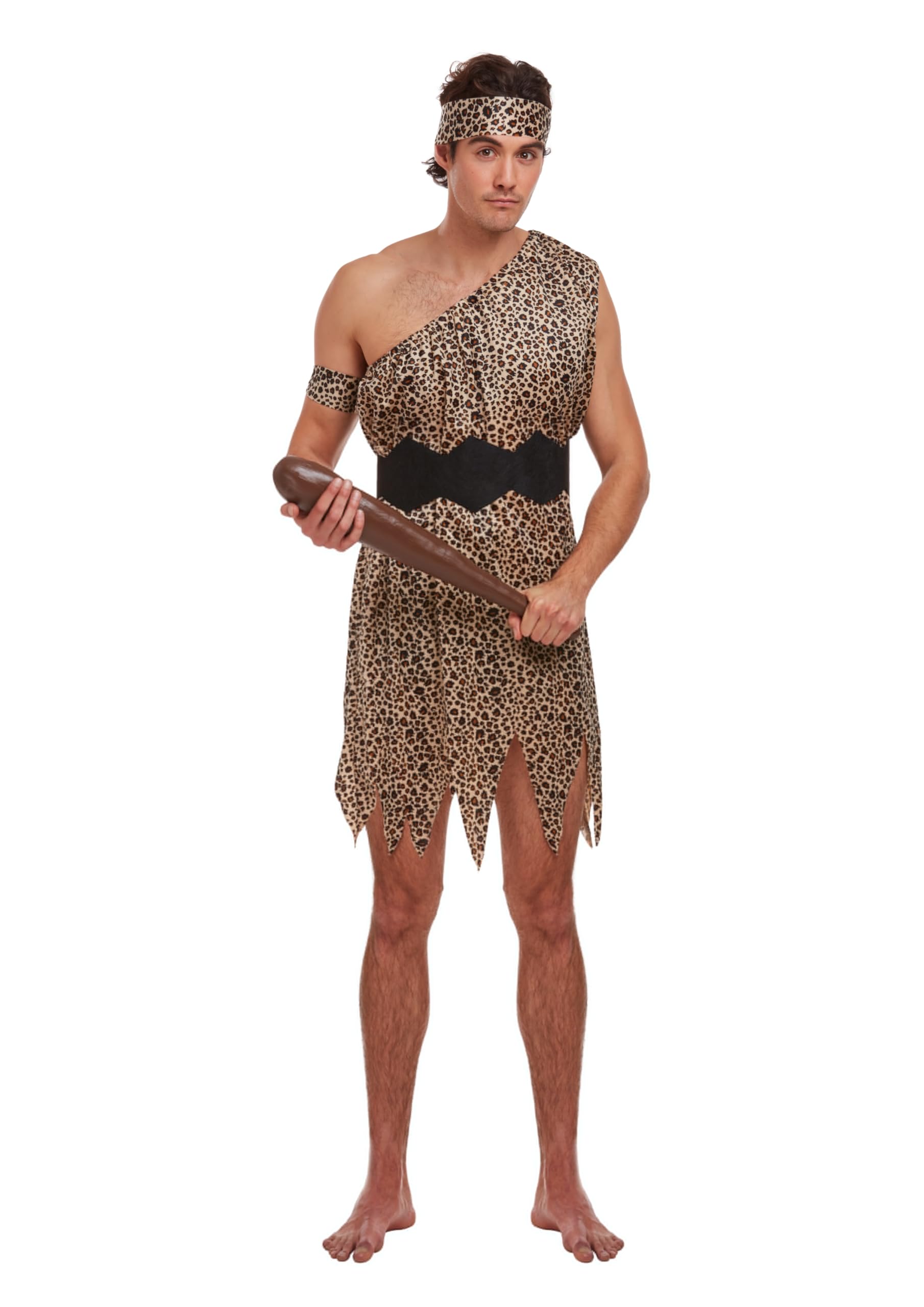  Henbrandt Adult Men’s Caveman Fancy Dress Stone Age Prehistoric Leopard Print Cave Man Tunic Halloween Outfit with Arm and Head Bands Mens Fancy Dress Costume