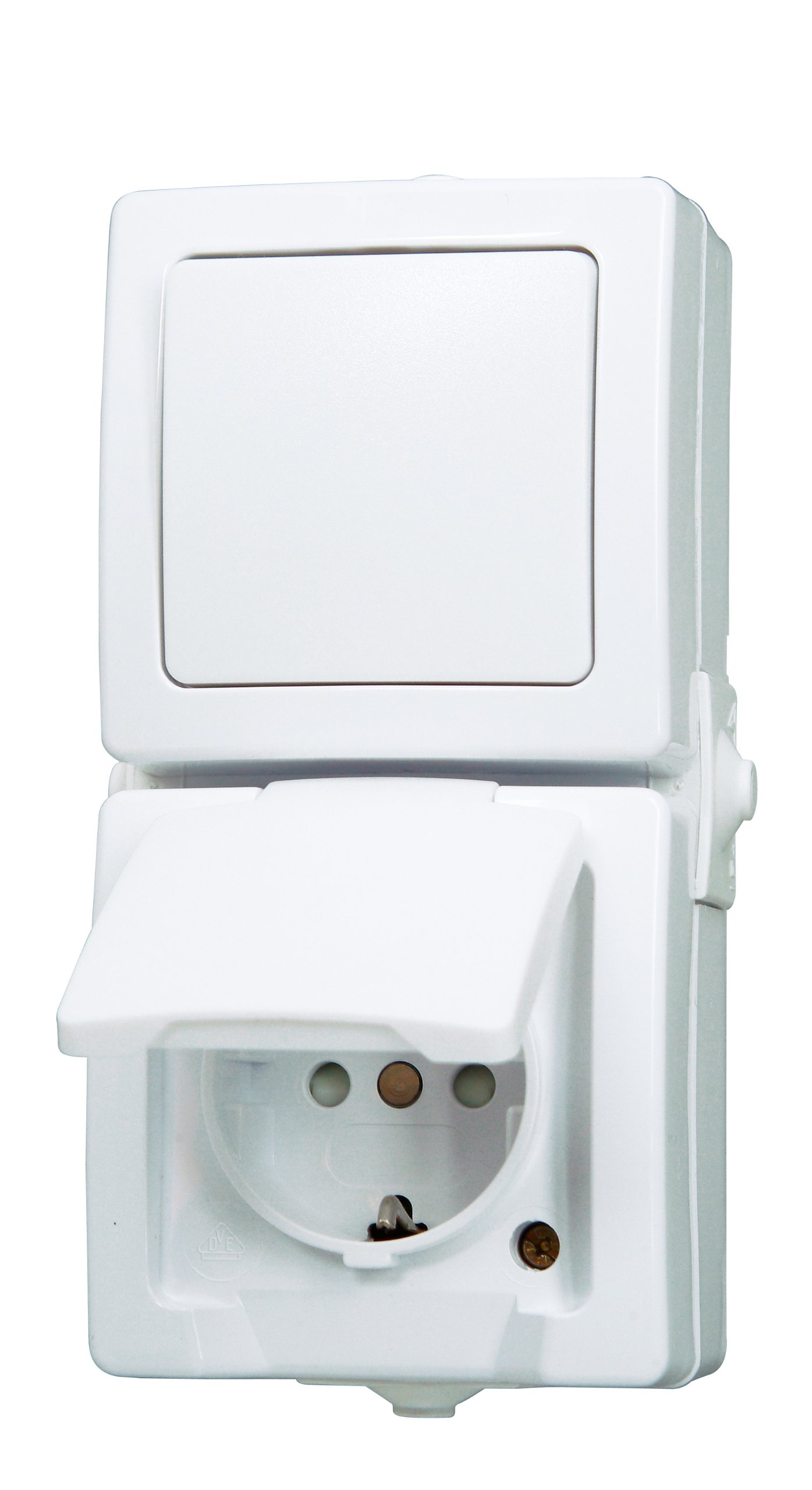 Kopp 138502009 Off/Double-Throw Switch Socket Combination Surface-Mounted for Damp Rooms Nautic, white, 138502009