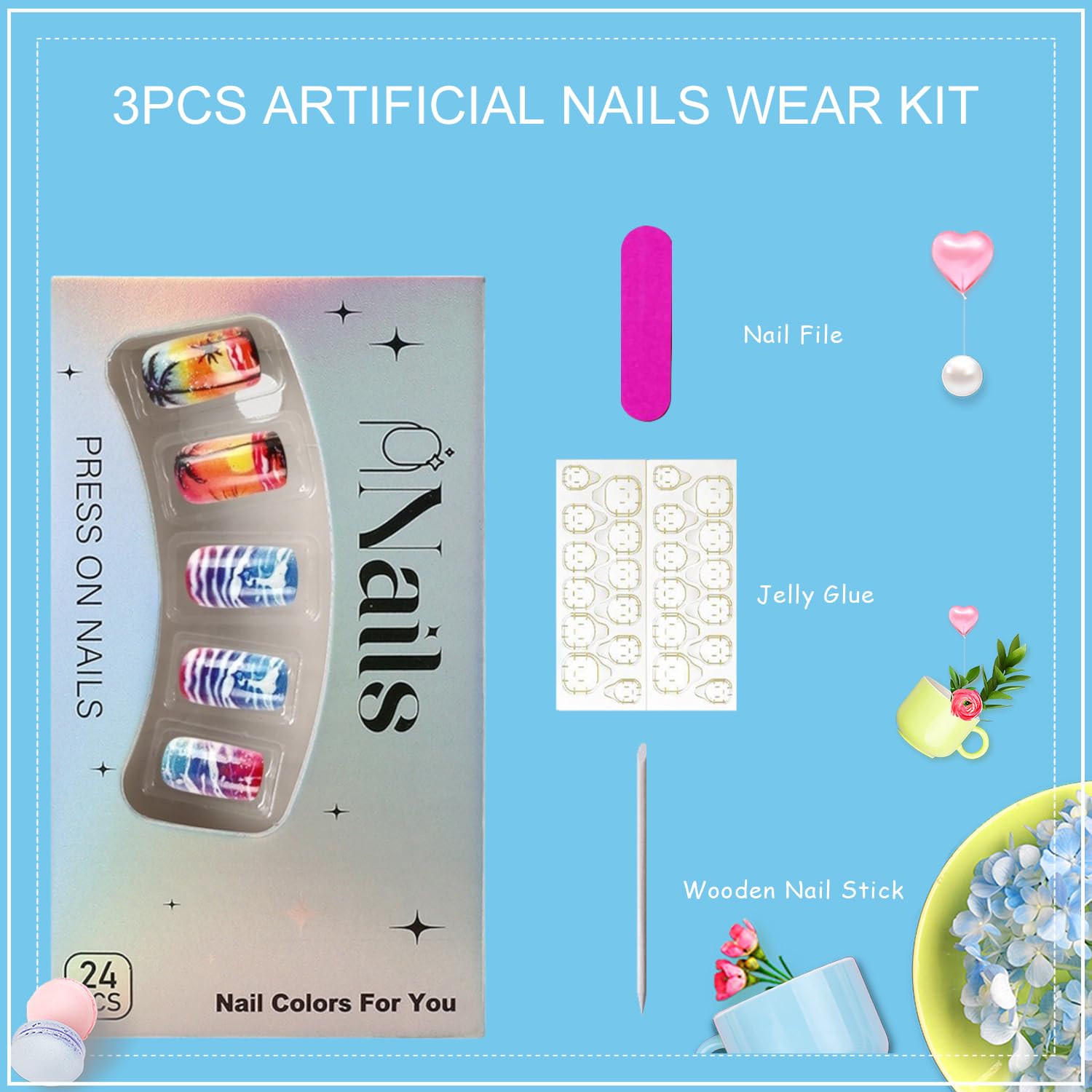 Summer Press on Nails Medium Square Fake Nails With Sunset Beach Coconut Tree Designs Ocean Waves False Nails Glossy Full Cover Stick on Nails Acrylic Artificial Nails for Women Glue on Nails 24 Pcs - Image 6