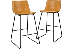 Aowos Bar Stools Set of 2, Modern Counter Height Bar Stools with Back, 26 inch Faux Leather Bar Stools with Metal Legs and Footrest, Urban Armless Dining Chairs for Kitchens Island (Brown)