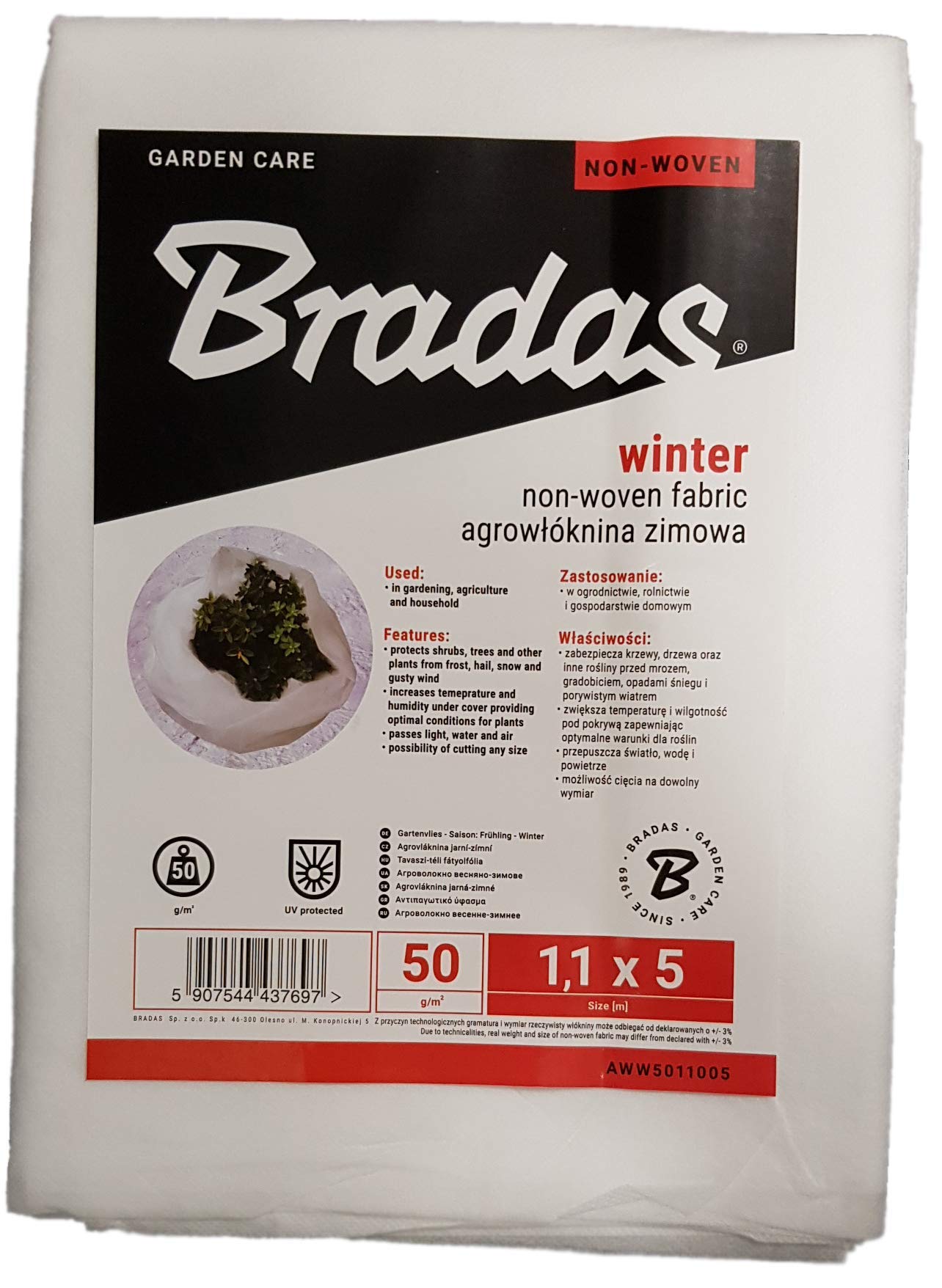 Bradas Heavy duty (50gsm) plant protection fleece fabric,PROTECTS against wind rain, frost sun and pests 1.1m x 5m, White REUSABLE & WASHABLE