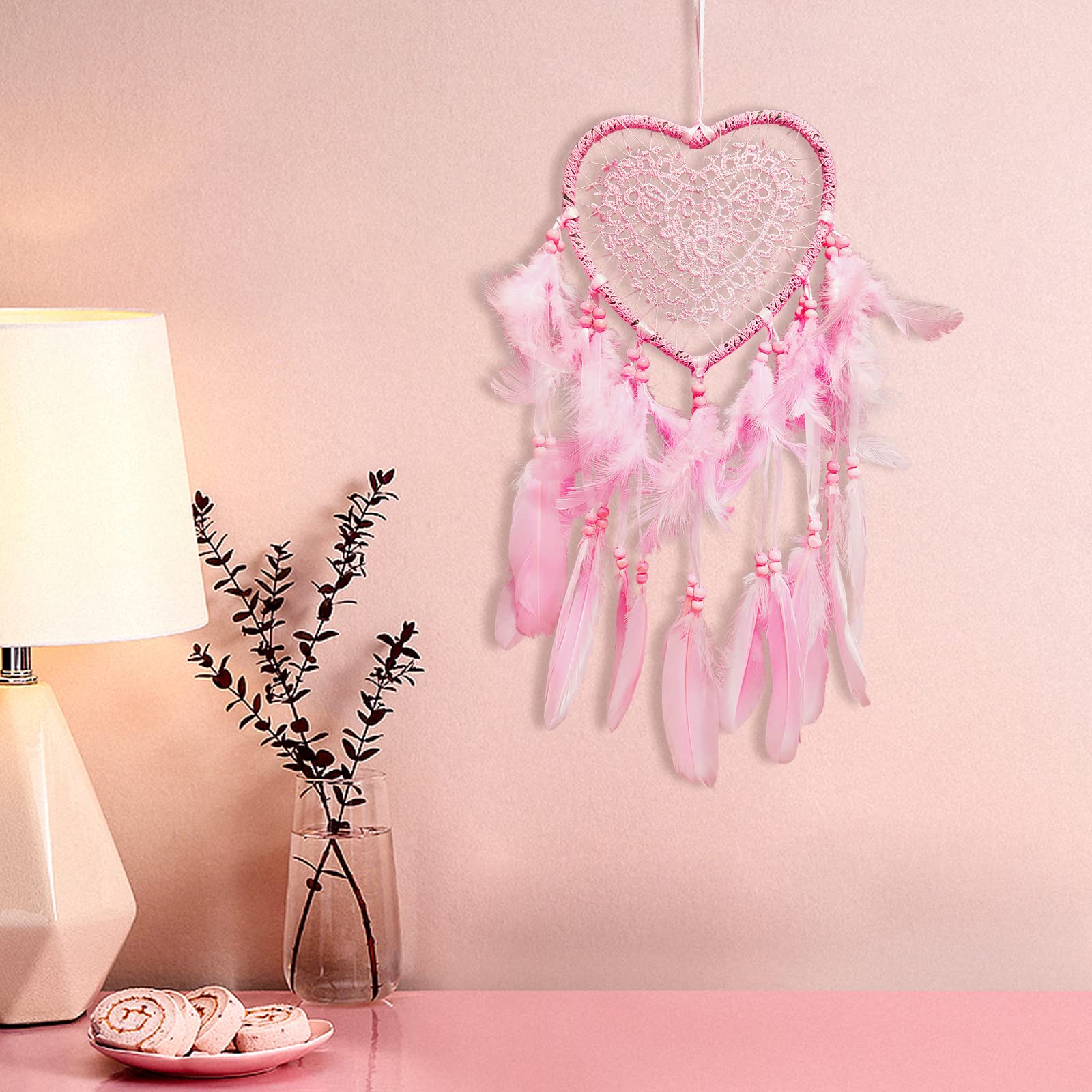 Pink Dream Catcher for Women, Wall Hanging Feather Dream Catcher Handmade Fairy Dreamcatcher Ornament for Bedroom Wedding Decoration (Pink)