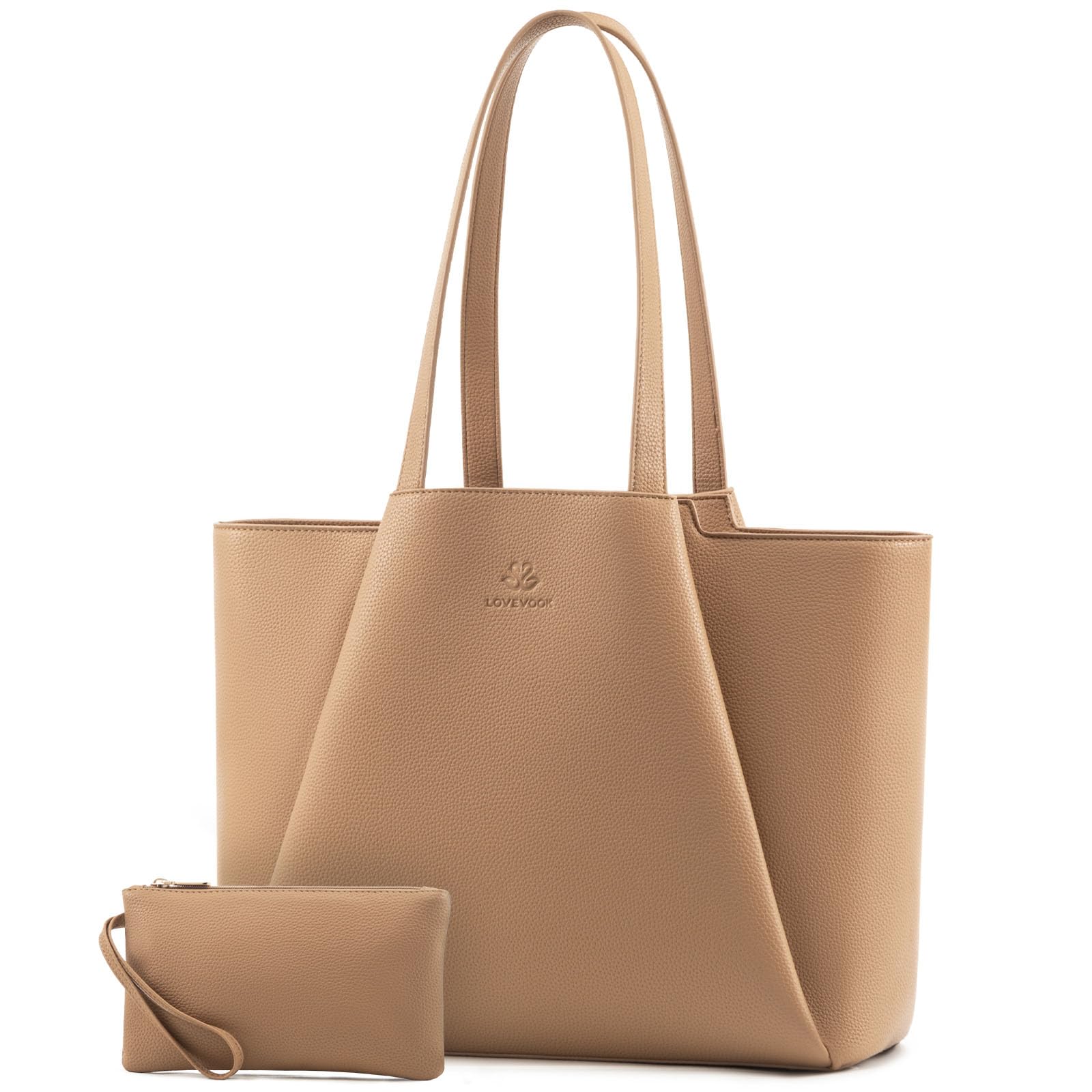 Photo 1 of LOVEVOOK Laptop Tote for Women - 15.6 Inch Faux Leather Laptop Bag with Clutch, Large Capacity Office Purse Computer Briefcase for Casual Business Travel, Apricot