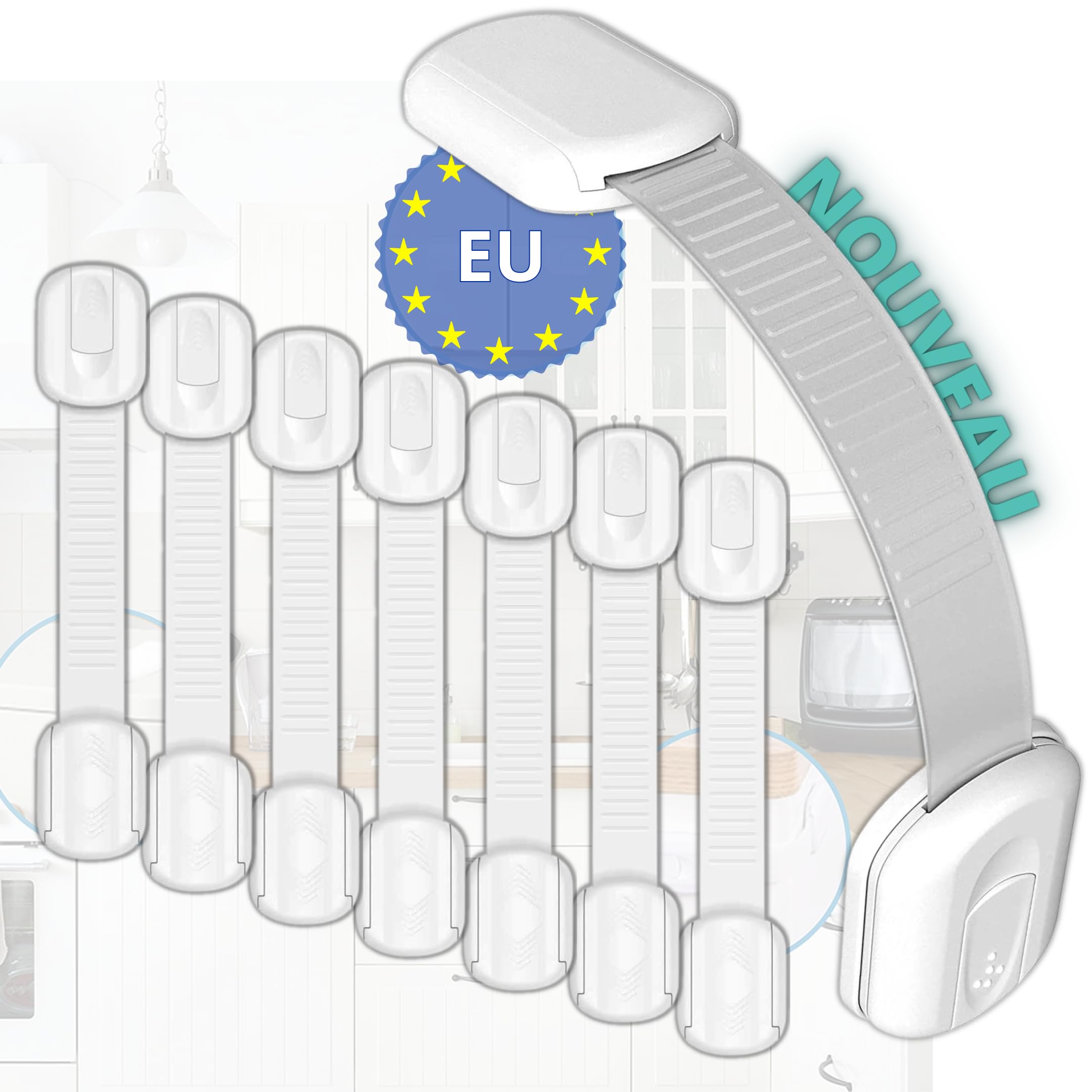 Baby Safety Door Stopper | Child Safety Kit 8 Door Stops | Supplement Adhesives + Removal Wire Included | Easy Tool-Free Installation | Drawer Latches Cabinet Fridge Window