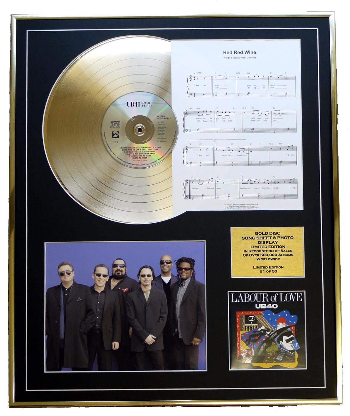 UB40/CD GOLD DISC, SONG SHEET & PHOTO DISPLAY/LTD. EDITION/COA/ALBUM LABOUR OF LOVE/SONG SHEET RED, RED WINE