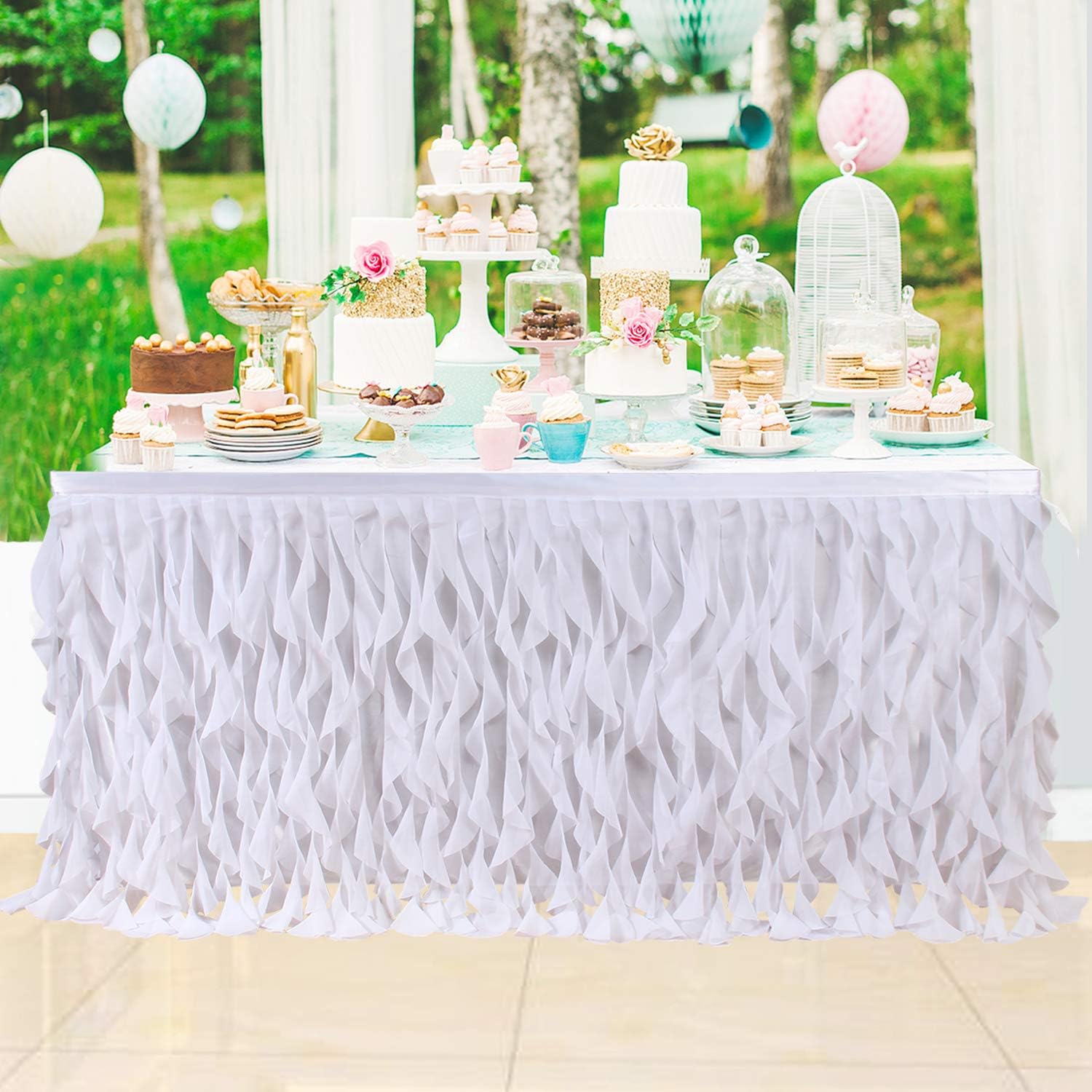 6ft Curly Willow White Table Skirting Lace Taffeta Table Skirt Tutu Tulle Table Skirt for Round or Rectangle Table for Birthday, Wedding, Party Decoration Supplies: Kitchen & Dining