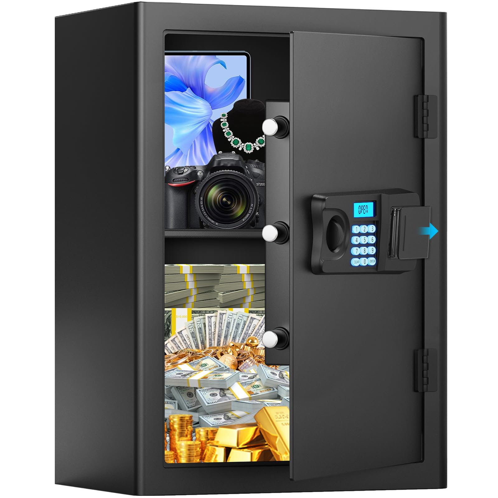 Photo 1 of 3.0 Cub Large Home Safe Fireproof Waterproof, Digital Fire proof Safe Box with Spare Key, Combination Lock and Alarm Systerm, Fire Safes for Home Documents Money Valuables