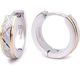 Stainless Steel Mens Hoop Earrings Cross Stripe Gold-tone Black Silver-tone Bevel Edge 16mm