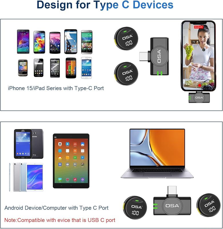 Micrófono Lavalier para iPhone 15/16 y Android, Mini micrófono de Solapa USB C, inalámbrico, batería de 40 Horas para grabación de vídeo, entrevistas, podcasts, Youtube, Vlog