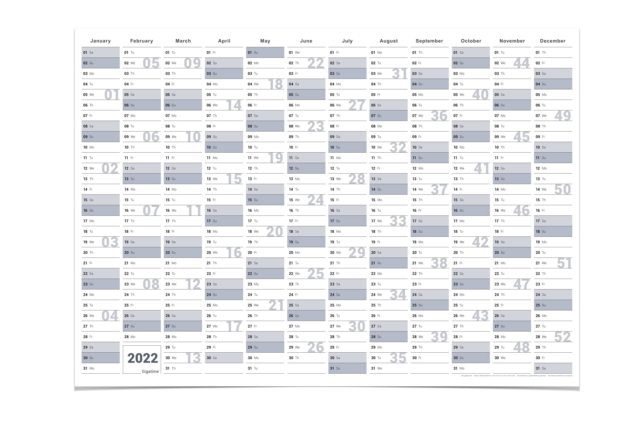 XL 2022 Wall Calendar/Annual Planner Large Format A1 23.4 x 33.1"Material 135g/m2 Quality Print Folded - English