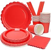 UVTQSSP 125PCS Party Plates and Cups and Napkins Sets, Red Scalloped Paper Plates and Napkins Party Supplies for Birthday, Baby Shower, Disposable Tableware Sets, Serve for 25 Guests