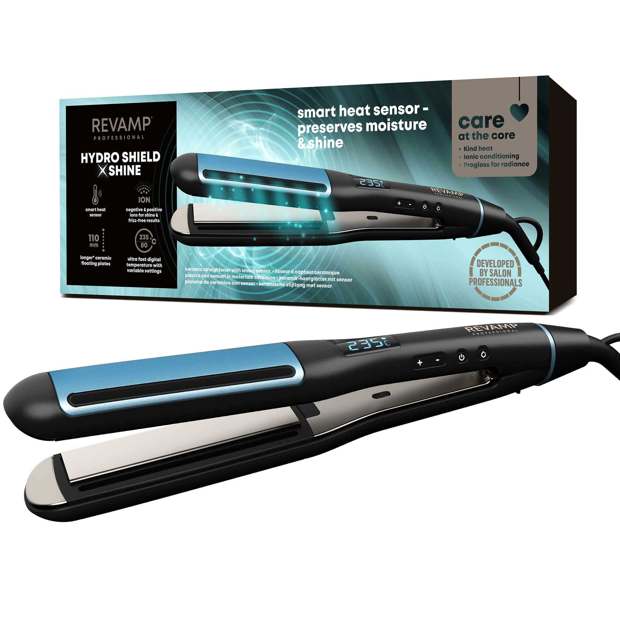 REVAMP Hydro Shield X Shine Ceramic Hair Straighteners - Long Plates for Fast One Stroke Styling, Straightening, Smart Sensor Heat Protection, 4 Ionic Jets - Salon Professional Hair Straightener