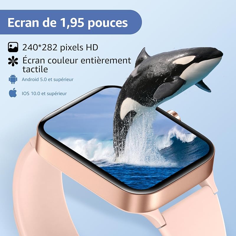 Montre Connectée Homme Femme avec Appel Bluetooth, 1,95" Écran Tactile Smartwatch Fitness Tracker avec Sommeil Cardiofréquencemètre, 140+ Modes Sportifs, IP68 Étanche pour Android iOS, Rose — photo 2 sur 6