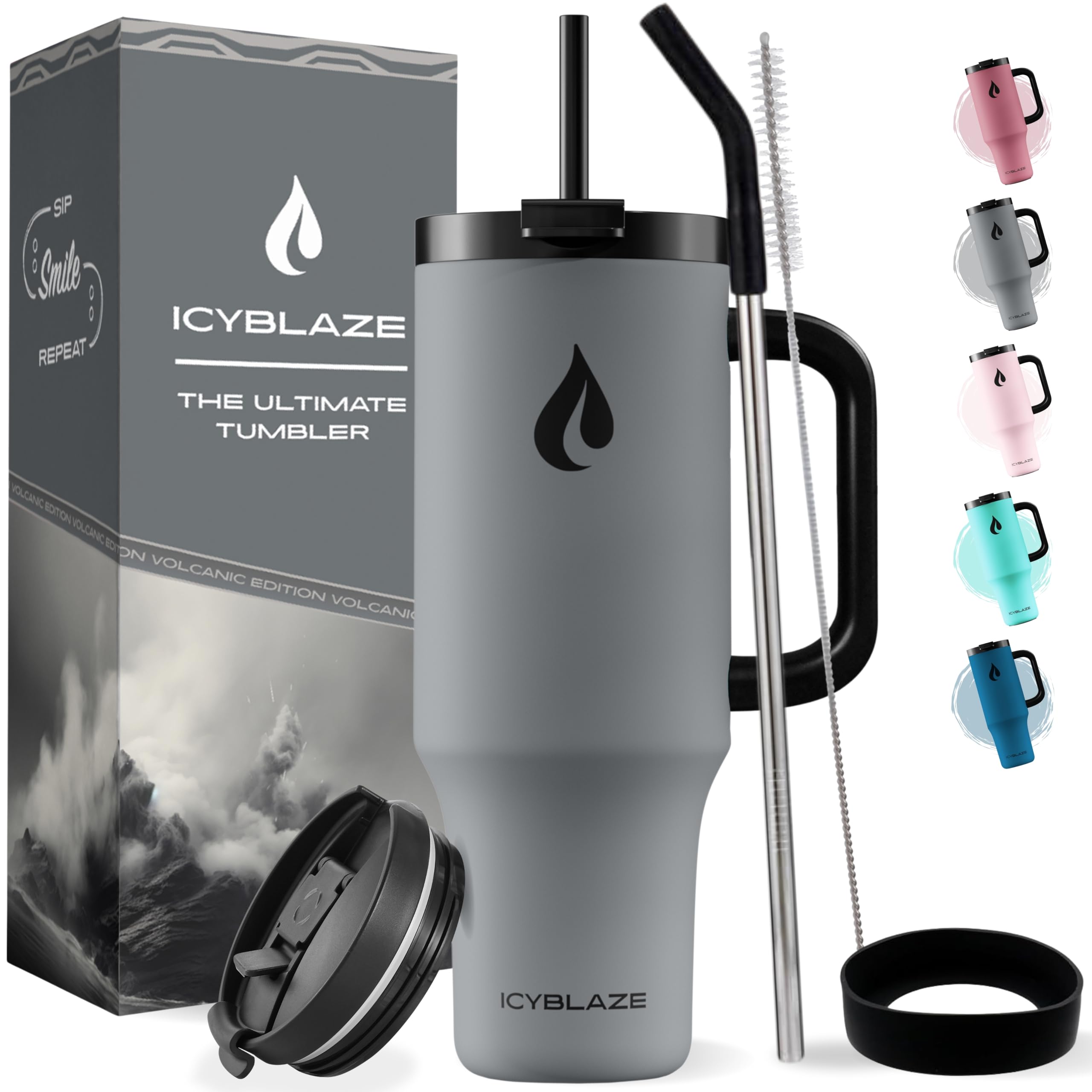 ICYBLAZE 40oz Tumbler with Straw and Lid | 2 Straws & Handle | Travel Mug | Insulated Coffee Cup | Flasks for Hot and Cold Drinks | Iced Coffee Cup | BPA-Free (Volcanic Grey)