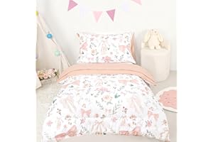 GFU 4 Piece Toddler Bedding Set, Ultra Soft and Breathable Toddler Comforter Sets for Girls Includes Quilted Comforter, Fitted Sheet, Flat Sheet and Pillowcase, Pink Flowers