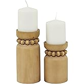 Deco 79 Wood Decorative Candle Holder Beaded Pillar Candle Stand, Set of 2 Candlestick Holder 8", 6"H, Brown