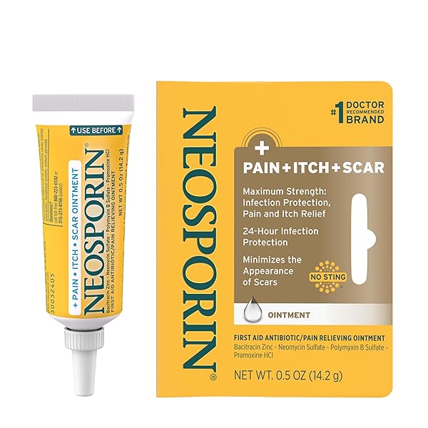 NEOSPORIN ANTIBIOTIC PAIN-RELIEVING, ANTI-ITCH, & SCAR APPEARANCE MINIMIZER OINTMENT WITH NEOMYCIN & BACITRACIN ZINC, 24-HOUR INFECTION PROTECTION FOR MINOR CUTS, SCRAPES & BURNS,.5 OZ