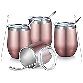 COMOOO Rose Gold Wine Tumbler 12oz Insulated Wine Cup 4 Pack with Lid and Straw Stainless Steel Wine Glass Tumbler Coffee, Wine, Champagne, Cocktails, Rose Gold