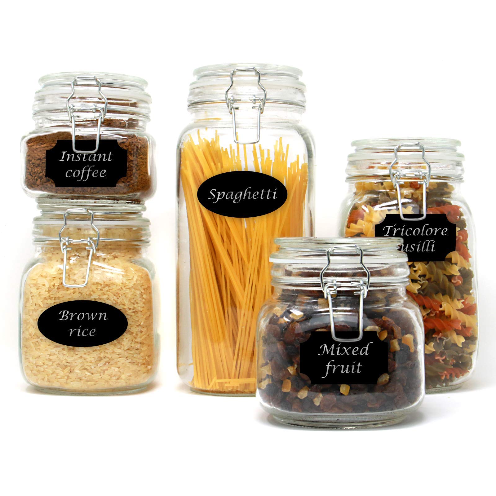 Clip Top Glass Jars Set of 5 with Labels & Chalk Pen | Airtight Food Storage Jars for Pasta Rice Flour Tea Coffee | Assorted Sizes | Dishwasher-Safe Glass | Pantry Organisation | Maison & White