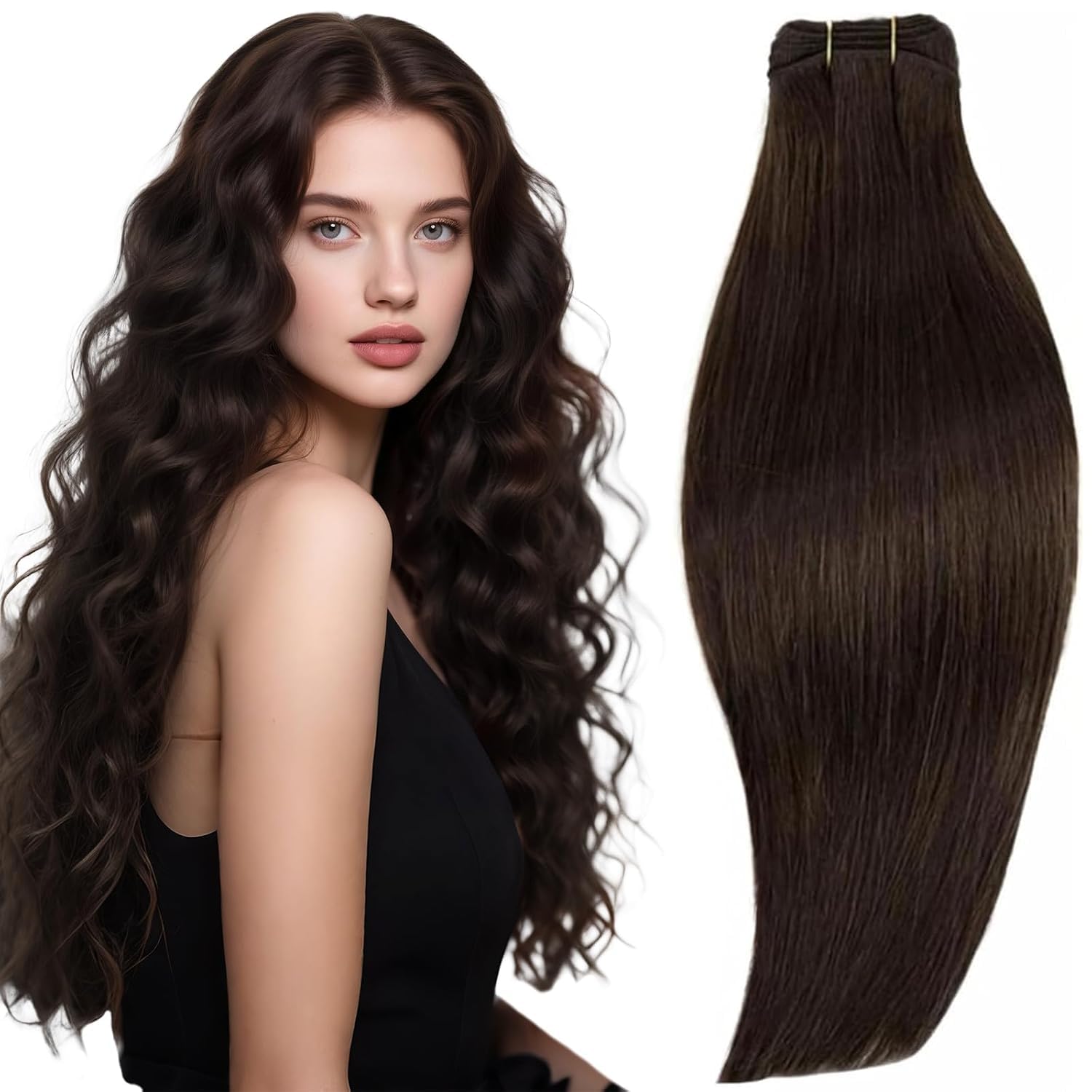RUNATURE Brown Weft Hair Extensions Human Hair Dark Brown Full Head Sew in Hair Extensions Thick Real Human Hair 14 Inch 100g/Pack #2