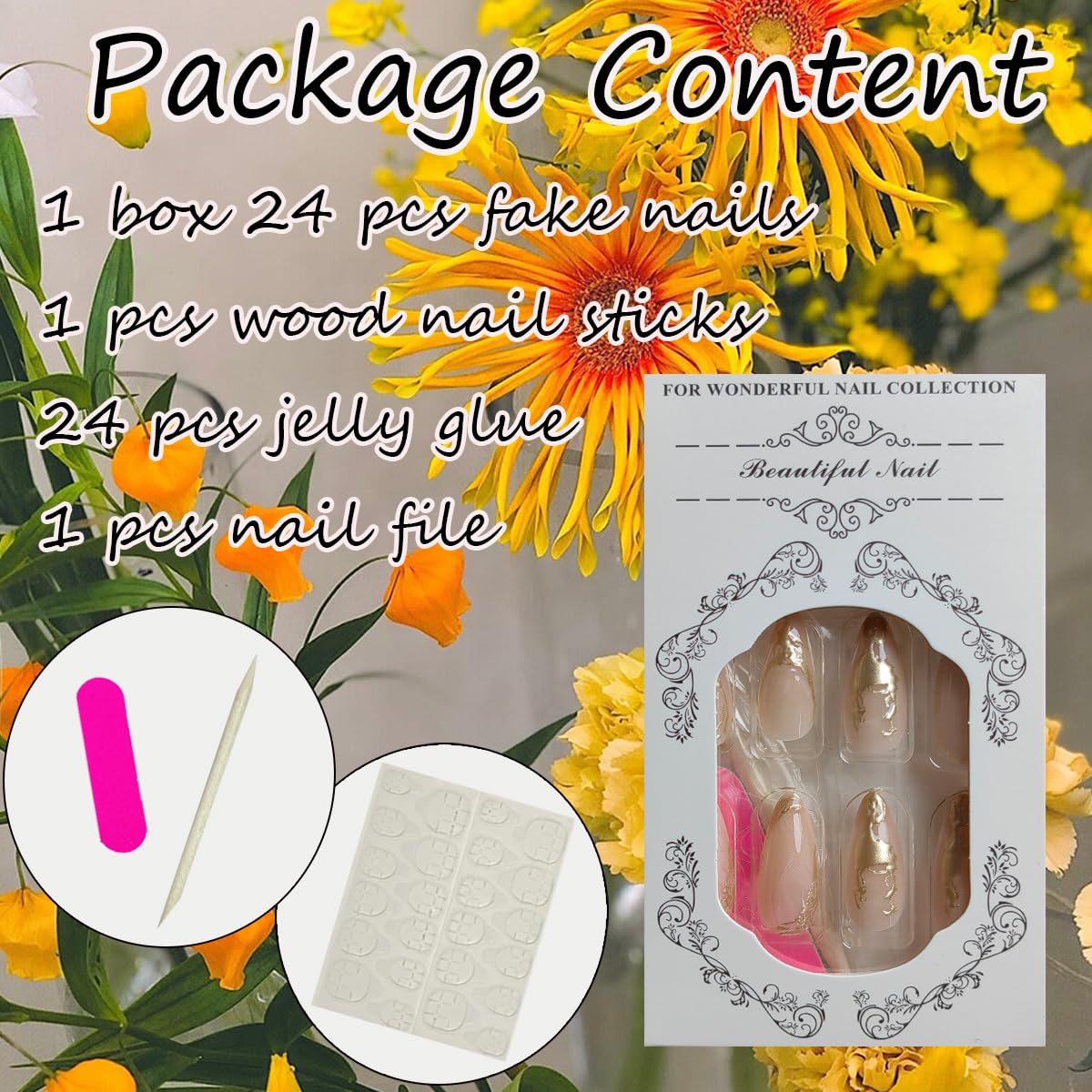 24Pcs French Press on Nails Medium Almond Fake Nails with 3D Gold Stamping Designs Artificial Stick on Nails Irregular Metal Lines French Tip Nails Glue on Nails Luxury Stiletto False Nails for Women - Image 4