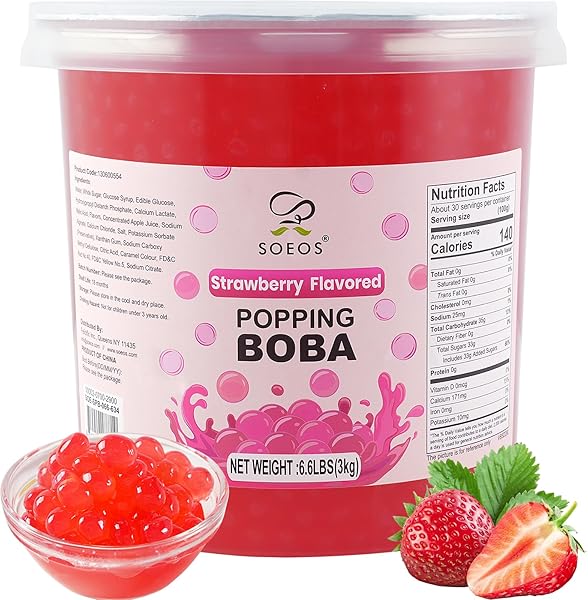 SOEOS STRAWBERRY POPPING BOBA PEARLS 6.6 POUNDS, BURSTING BOBA PEARLS FOR BUBBLE TEA, BEVERAGES, SHAKES, DESSERTS, SMOOTHIE AND ICE CREAM TOPPING