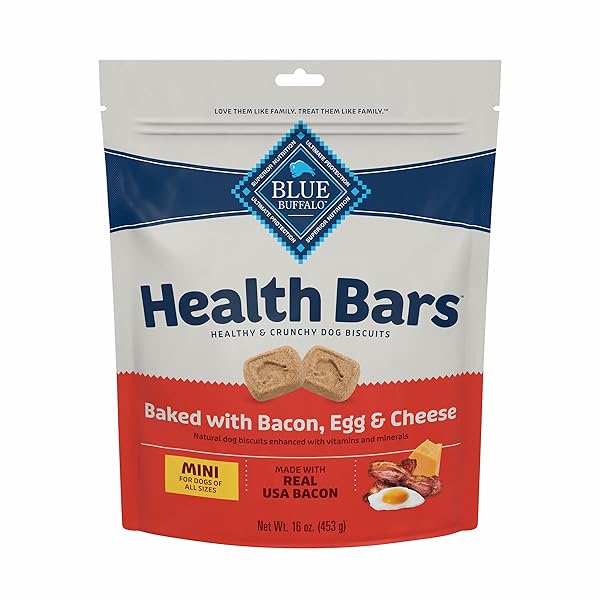 BLUE BUFFALO HEALTH BARS MINI CRUNCHY DOG BISCUITS, OVEN-BAKED WITH NATURAL INGREDIENTS, BACON, EGG & CHEESE, 16-OZ BAG