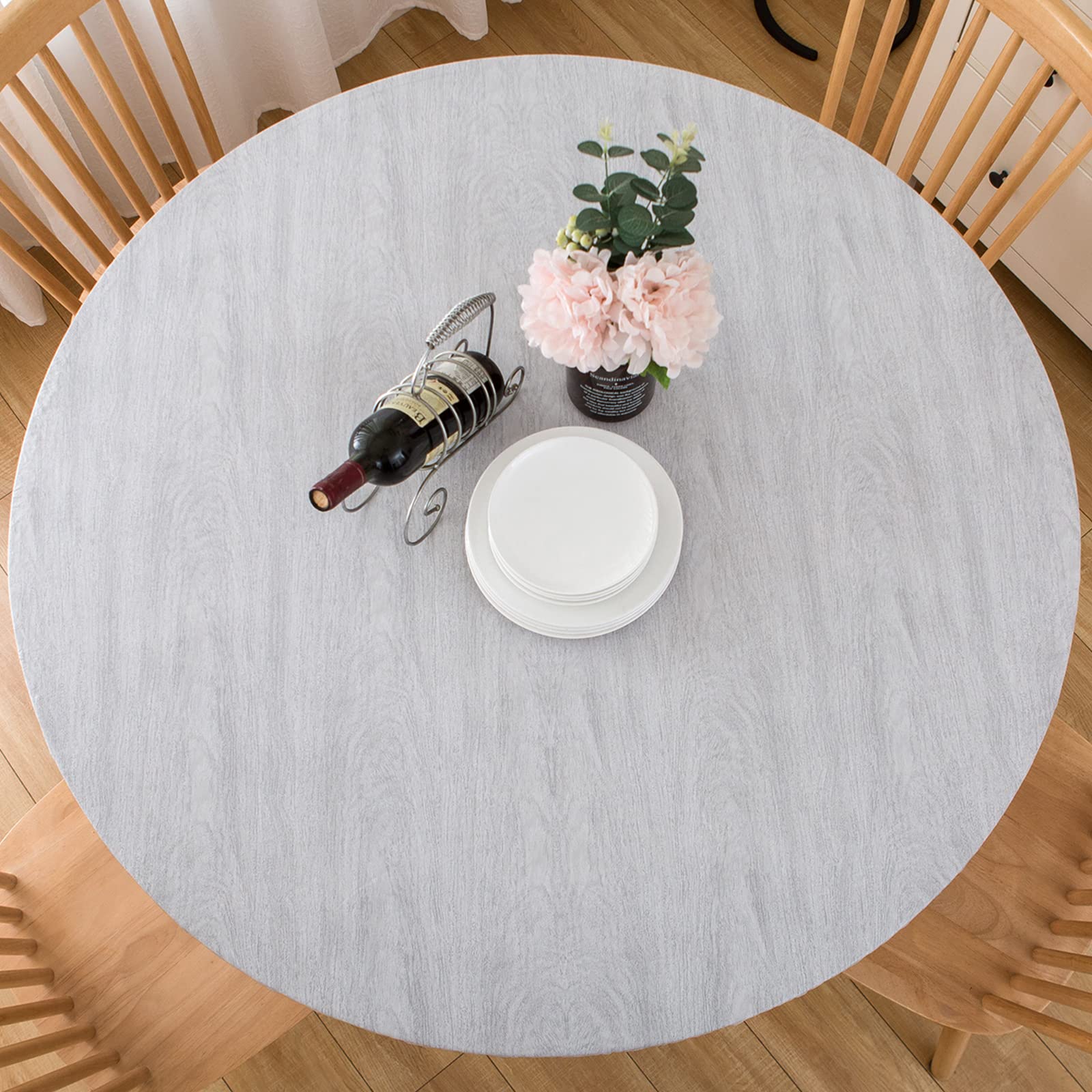 Photo 1 of Subakvo Round Vinyl Fitted Tablecloth, Waterproof Elastic Table Covers Wipeable Flannel Backed Tablecloths for Picnic Camping Indoor and Outdoor (Light Gray Wood, 27”-32“ Round Tight Fit)