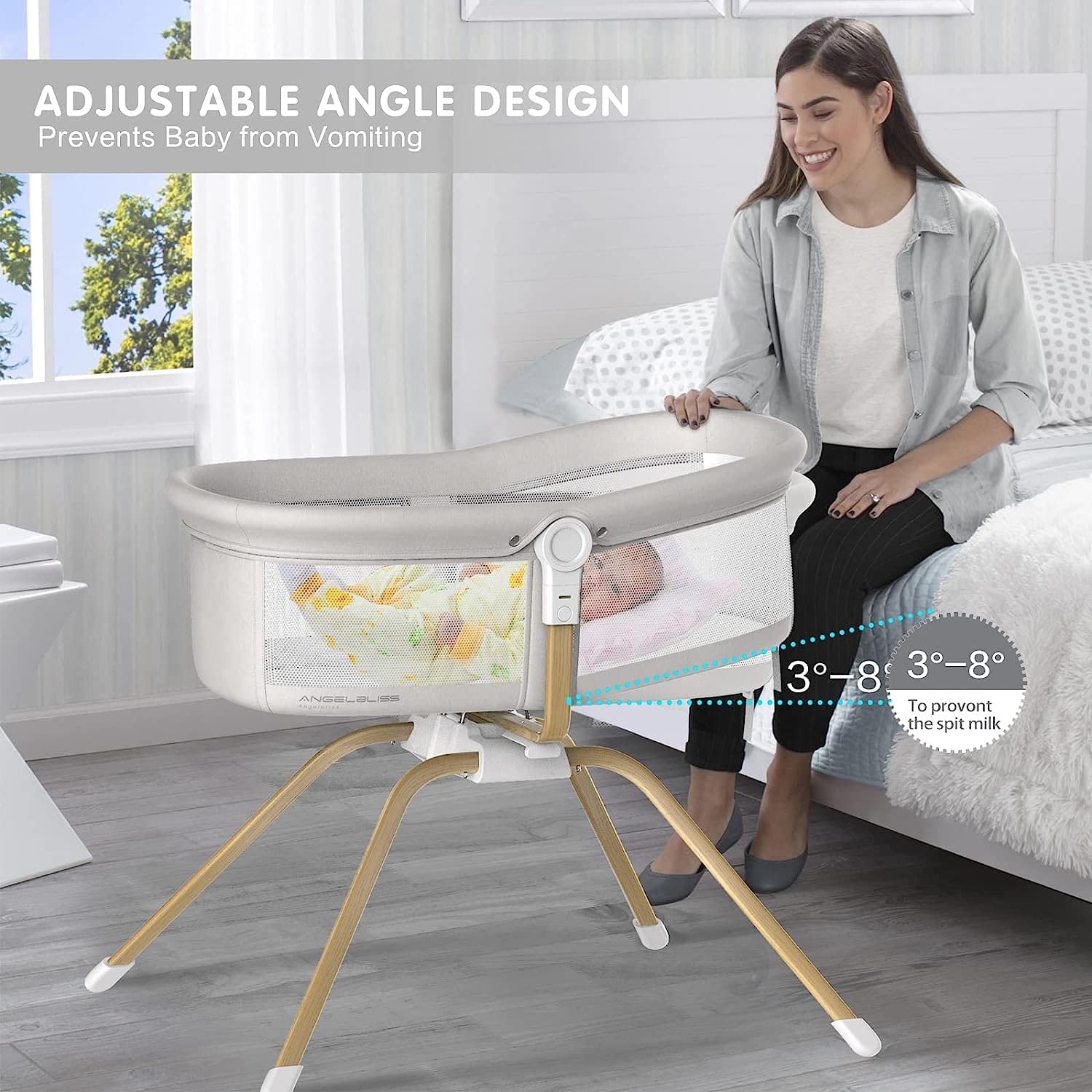 ANGELBLISS 3 in 1 Baby Bassinet, Rocking Bassinets Bedside Sleeper, One-Second Convert Travel Portable Bassinet Newborn Baby (White)
