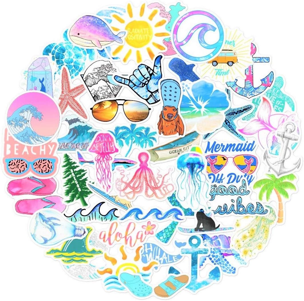 Vsco Cute Stickers for Hydro Flask (50pcs) Beach Ins Vinyl Sticker for Laptop Cups Phone Case Computer PC Water Bottle Bike Helmet Car Motorcycle Tumbler Luggage Skateboard Snowboard Gift for Kids