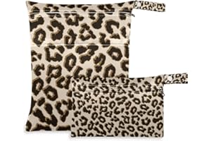 Qilmy 2pcs Leopard Wet Dry Bag Waterproof Reusable Baby Cloth Diaper Wet Dry Organizer for Travel, Beach, Stroller, Diapers, Wet Swimsuits, Toiletries
