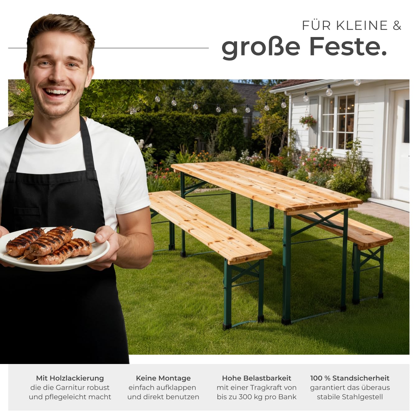 tectake® Bierzeltgarnitur klappbar, Biertisch Klapptisch mit 2X Bierbank, Gartenmöbel Set, Camping Zubehör, Klapptisch Esstisch, Camping Tisch faltbar, Balkontisch, Campingtisch klappbar 4