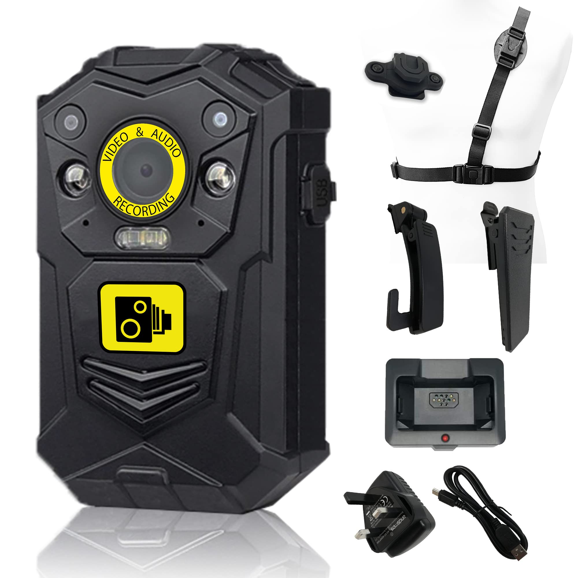 Brifield® BR1 Body Camera QHD 1512p 64GB Internal Memory Card, Night Vision | Body Cam, Body Worn Camera, Body Cameras | klick Fast Shoulder Harness and Connector