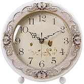 Justup Vintage Wooden Table Clock, Non-Ticking European Style Desk Clock | Retro Beside Mantle Desk Clock Battery Operated Silent Quartz Movement for Bedroom Living Room Indoor Decor (White) 