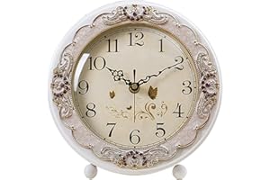 Justup Vintage Table Clock, Retro Non-Ticking European Style Beside Mantle Desk Clock Battery Operated Silent Quartz Movement for Bedroom Living Room Indoor Decor (White)