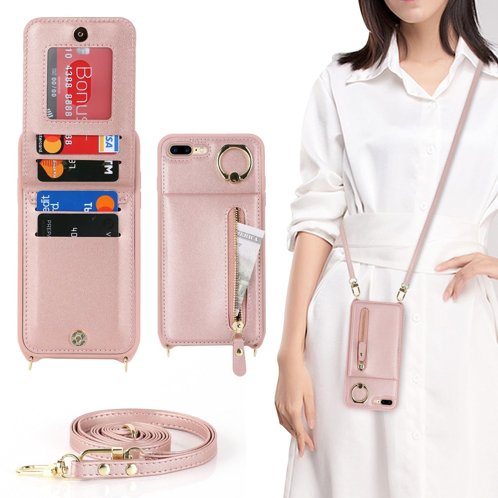 Zouzt for iPhone 7 Plus/iPhone 8 Plus 5.5 Inch Case with Cord and Card Holde, Zipper Wallet Case with Crossbody Lanyard Ring Adjustable Necklace Protective Cover Women - Rose Gold