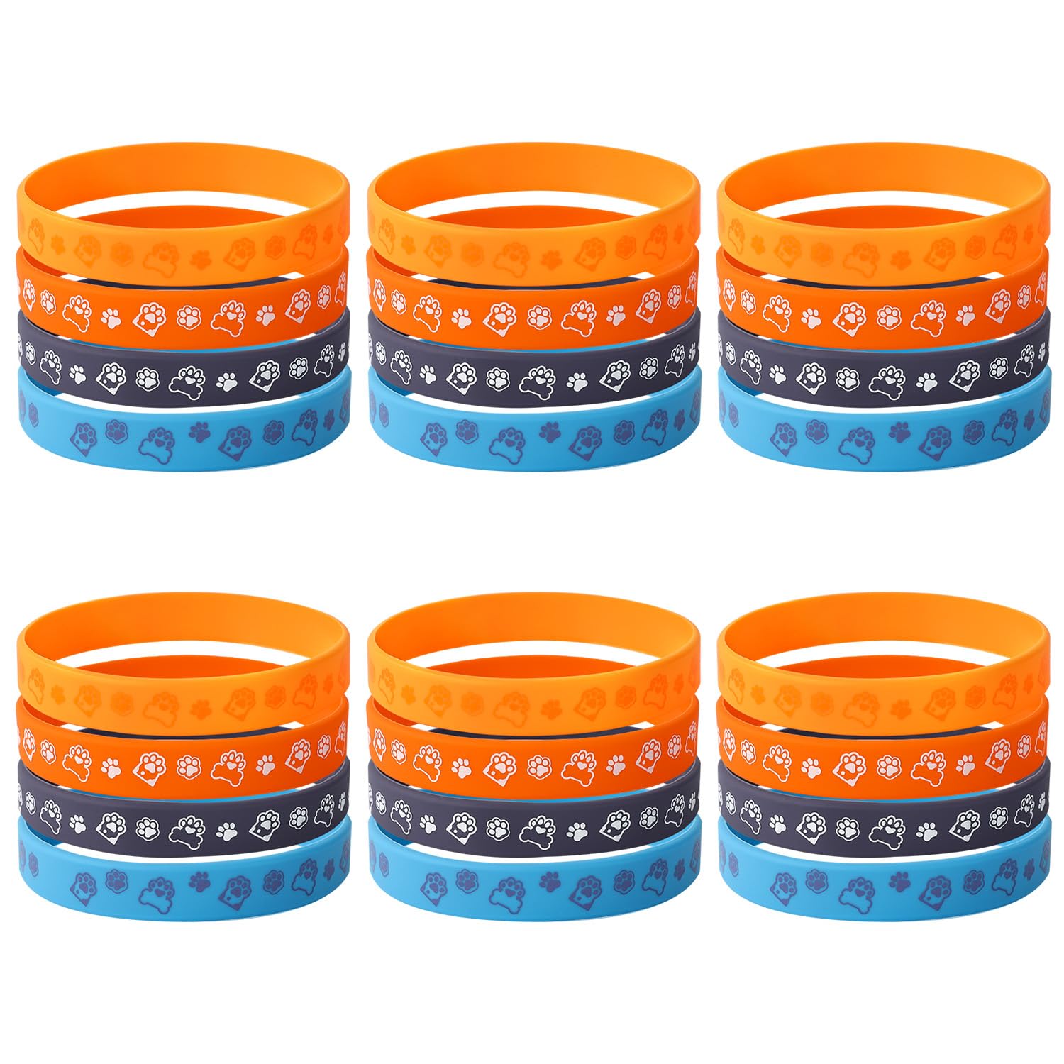 SAVITA 24pcs Cartoon Dog Paw Print Silicone Bracelets, 4 Styles Elastic Blue & Orange Paw Print Wristbands Kids Birthday Themed Party Favors and Decoration Supplies
