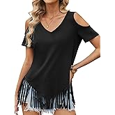 Remidoo Fringe Tops for Women Cold Shoulder Top Cowgirl Loose Short Sleeve V Neck T Shirts
