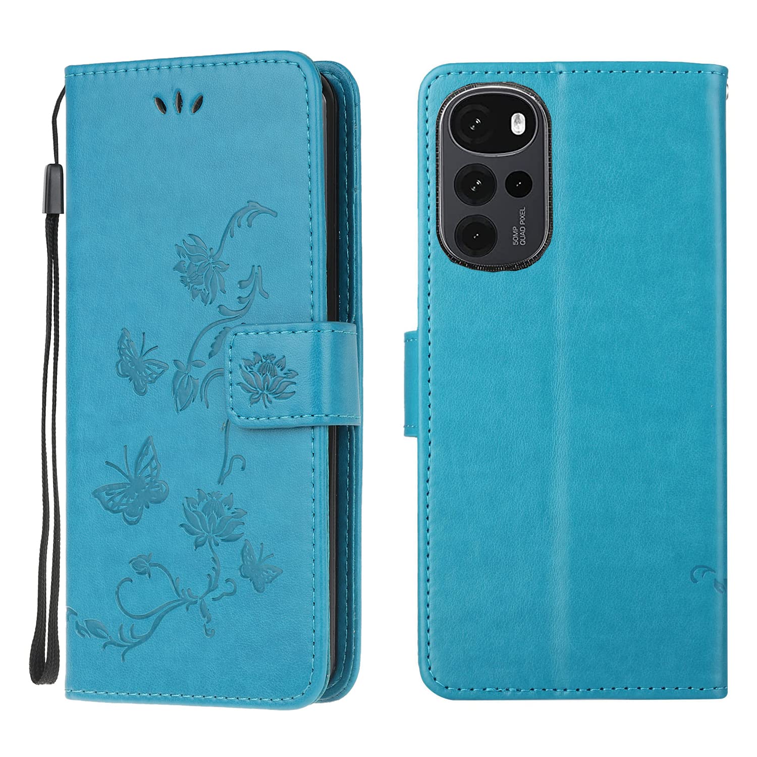 Thoankj Motorola G22 Phone Case, Shockproof Flip PU Leather Slim Fit Wallet Phone Case Lotus Butterfly with Stand Card Slot Holder Gel Bumper Folio Protective Cover for Motorola Moto G22 Blue