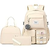 Wadirum Women Casual Backpack Set Girl School Bookbag Set Cute Laptop Ruaksack Beige