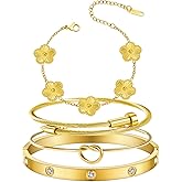 MAOCEN Womens 4Pcs Stackable Floral Gold Bracelets Stainless Steel Bangle Bracelets Non Tarnish Silver Set Trendy Jewelry Gifts for Womens