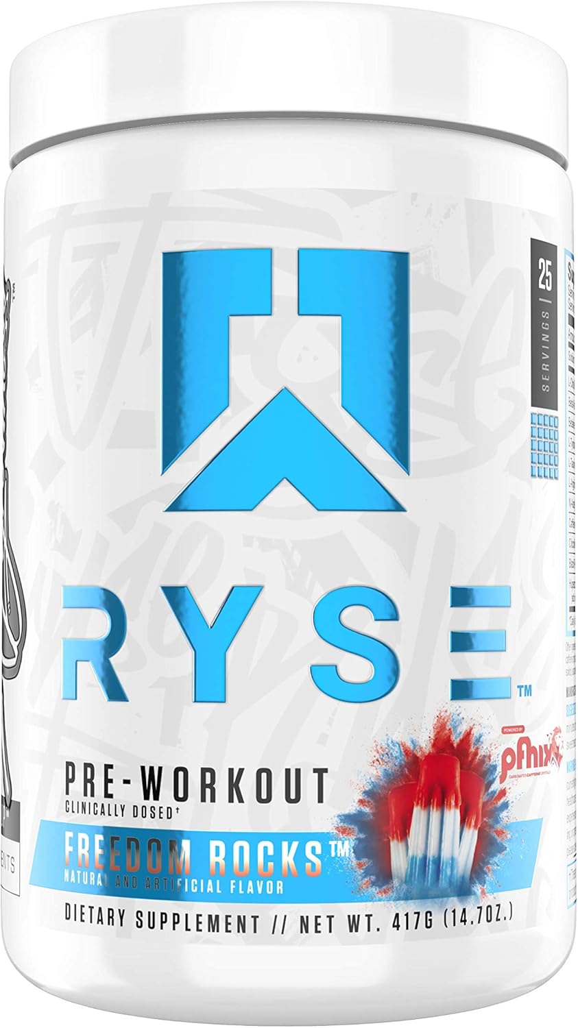 Ryse PRE Workout | Ryse Up Supplements | Fuel Your Greatness | Energy, Endurance, Focus, Next Level Pump, Citruline, Taurine, Arginine, CarnoSyn Beta Alanine, 20 Servings (Freedom Rocks): Health & Personal Care