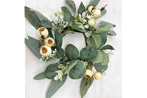 JOYAVO 2 Pieces Candle Rings, Candle Rings Wreaths 4 Inch Center Artificial Eucalyptus Leaves Wreaths Small Boho Wreath Pillar Candle Holder for Wedding Home Door Tabletop Decor(B)