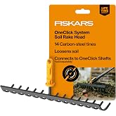 Fiskars OneClick Space-Saving Soil Rake Head for Garden Tool System | Interchangeable Lawn &amp; Garden Tool System, 14‑Prong Tines for Seed Bed Prep &amp; Soil Leveling, Modular Yard Tool Attachment